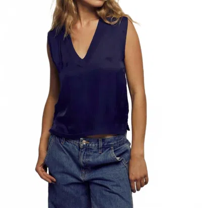 Perfectwhitetee Celina Satin V Neck Tank In Navy In Multi