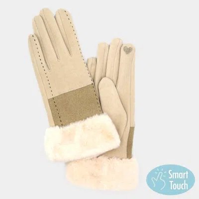 Fashnzfab Two Tone And Stitch Lines Faux Fur Cuff Smart Touch Gloves In Neutral