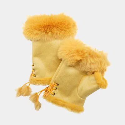 Fashnzfab Faux Fur Trim Fingerless Gloves In Yellow