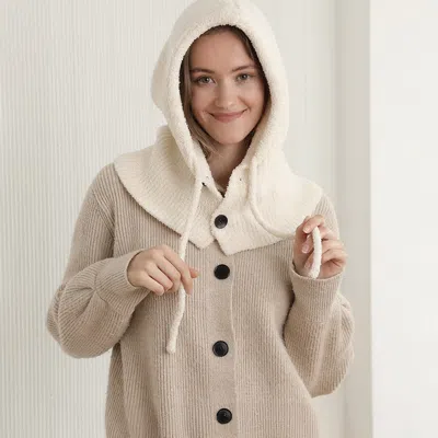 Fashnzfab Cozy Drawstring Snood Balaclava Hooded Knit Scarf Hat In Neutral