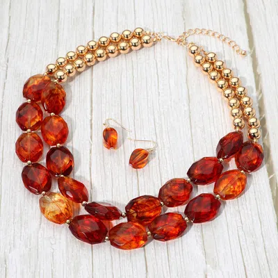 Fashnzfab Bold Faceted Pebble Beaded Layered Statement Necklace - Brown, Gold In Brown