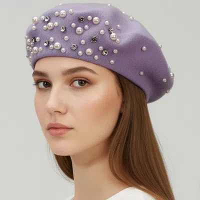 Fashnzfab Pearl Rhinestone Embellished Winter Beret Hat In Purple