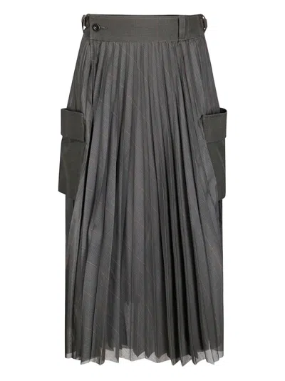 Sacai Glen-check Midi Skirt With Pleated Design And Belted Waist In Gray