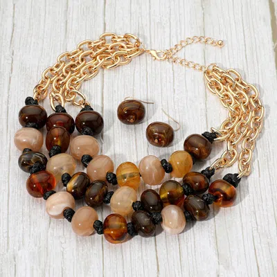 Fashnzfab Chunky Marbled Resin Pebble Beaded Triple Layered Strand Statement Necklace - Brown, Gold In Multi