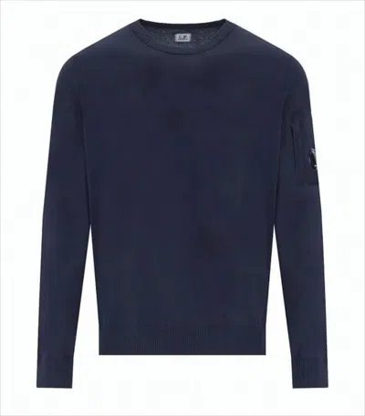 C.p. Company Deep Navy Crew Neck Sweater With Distinctive Logo Patch In Blue