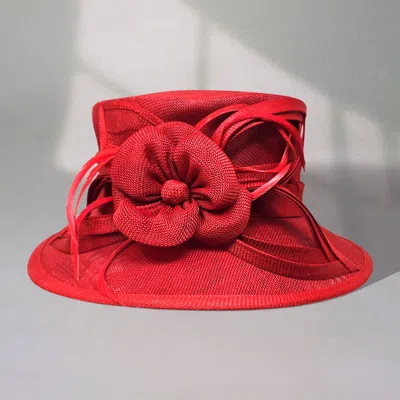 Fashnzfab Flower Ribbon Feather Accented Sinamay Dressy Hat In Red