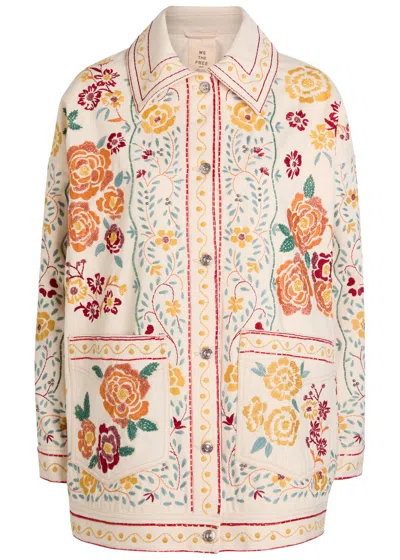 Free People Avery Floral-embroidered Denim Jacket In White