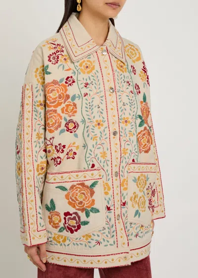 Free People Avery Floral-embroidered Denim Jacket In White
