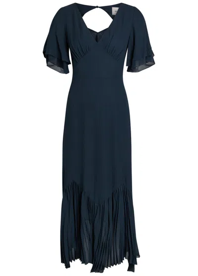 Reformation Salvia Flutter-sleeve Chiffon Midi Dress In Blue