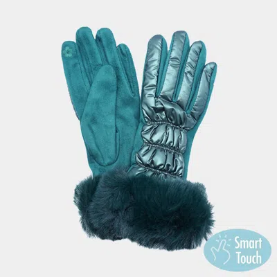 Fashnzfab Faux Fur Cuff Puffer Smart Touch Gloves In Green