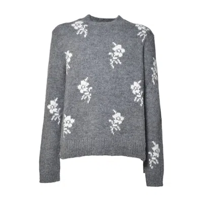 Jil Sander Medium Grey Knitted Sweater With Floral Motifs In Animal Print