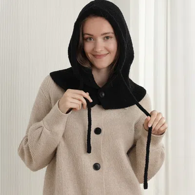 Fashnzfab Cozy Drawstring Snood Balaclava Hooded Knit Scarf Hat In Black