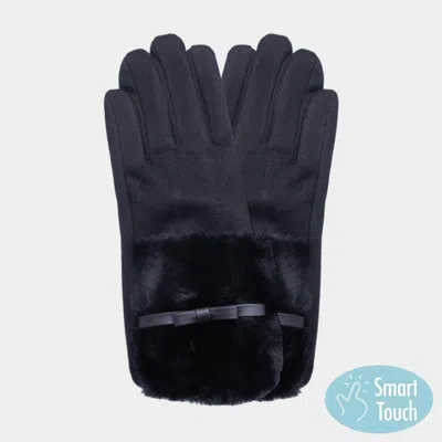 Fashnzfab Bow Pointed Fuzzy Fur Collar Suede Smart Touch Gloves In Black