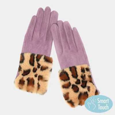 Fashnzfab Leopard Patterned Faux Fur Cuff Accented Soft Suede Smart Gloves In Purple