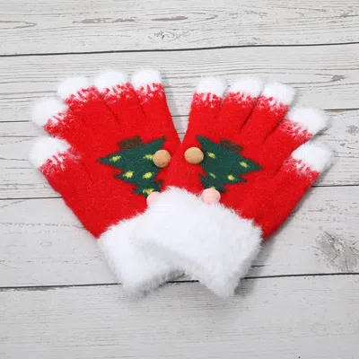 Fashnzfab Cozy Fuzzy Pom Pom Christmas Tree Accent Winter Gloves In Red
