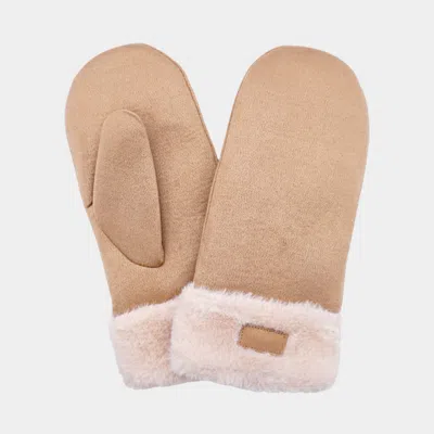 Fashnzfab Faux Fur Cuff Fleece Lined Mittens In Brown