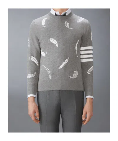 Thom Browne Gray Feather Intarsia Relaxed Fit Crew Neck Sweater In Gray