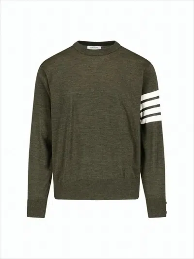 Thom Browne Crew Neck Merino Wool Sweater With Striped Detail In Green