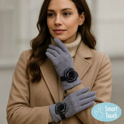 Fashnzfab Faux Leather Flower Accent Elegant Smart Touch Gloves In Gray
