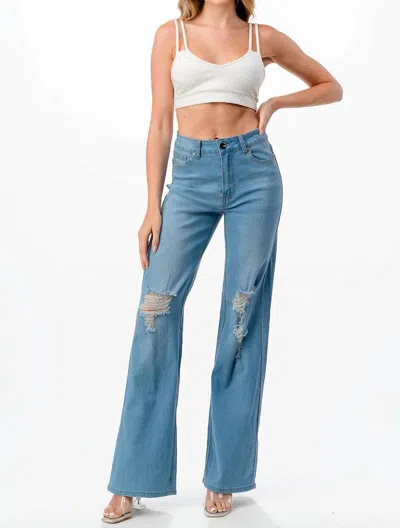 Denim Zone High Waisted Distressed Women's Wide Leg Jeans In Light Blue In Blue