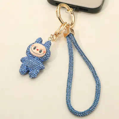 Fashnzfab Bling Studded Monster Bunny Figure Phone Strap Keychain Bag Charm In Blue