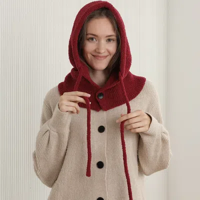 Fashnzfab Cozy Drawstring Snood Balaclava Hooded Knit Scarf Hat In Burgundy