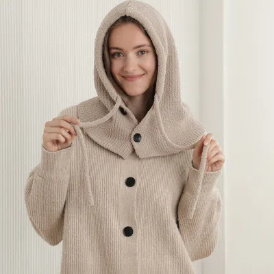 Fashnzfab Cozy Drawstring Snood Balaclava Hooded Knit Scarf Hat In Neutral