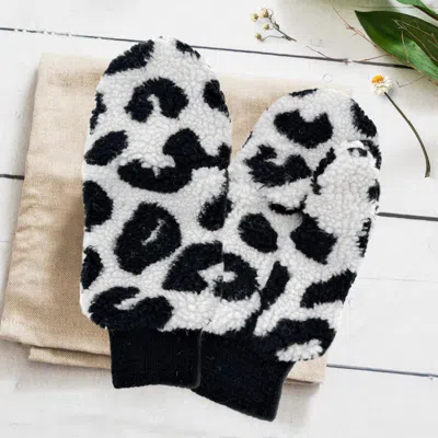 Fashnzfab Leopard Teddy Pop-top Mitten Gloves In Black
