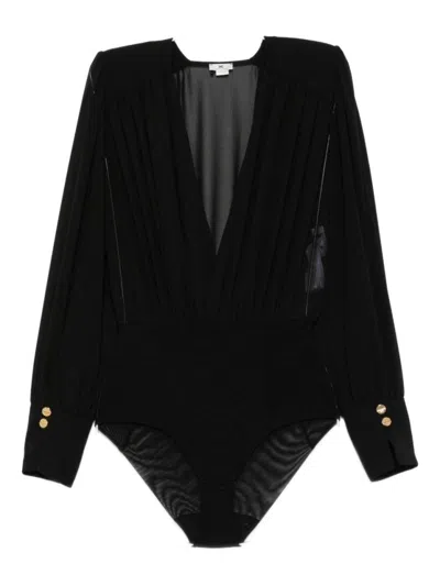 Elisabetta Franchi Pleated-panel Button-cuff Bodysuit In Black