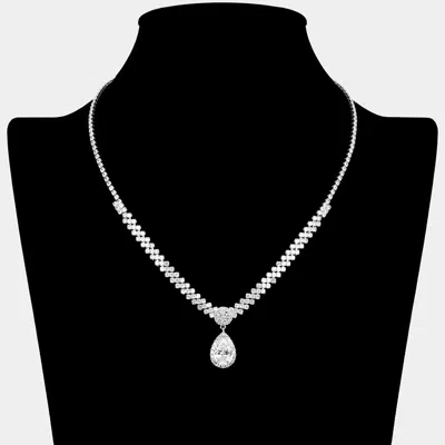 Fashnzfab Stone Pendant Accent Rhinestone Paved Necklace In Silver
