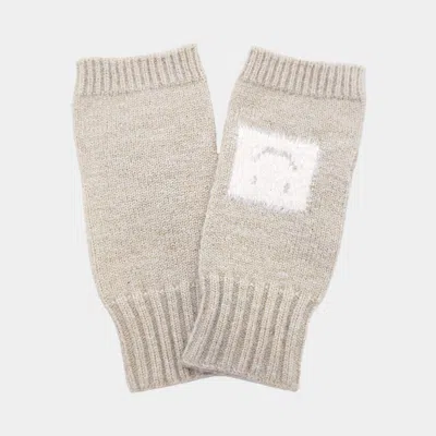 Fashnzfab Square Smile Face Accent Fingerless Knit Gloves In Sand