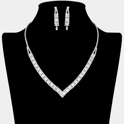 Fashnzfab Rhinestone Paved V Shaped Necklace - Clear, Silver In Metallic
