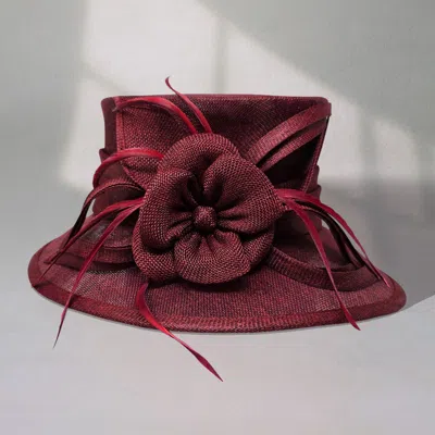 Fashnzfab Flower Ribbon Feather Accented Sinamay Dressy Hat In Burgundy