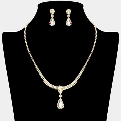 Fashnzfab Teardrop Stone Accented Rhinestone Paved Necklace - Ab, Gold In Gold