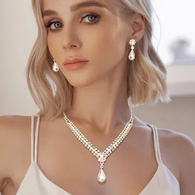 Fashnzfab Teardrop Stone Accented Rhinestone Necklace - Ab, Gold In White