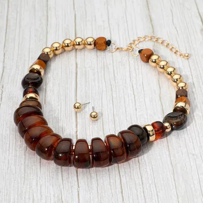 Fashnzfab Chunky Resin Pebble Wooden Beaded Statement Necklace - Brown, Gold In Brown