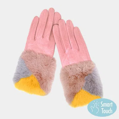 Fashnzfab Color Block Faux Fur Cuff Accented Soft Suede Smart Gloves In Pink