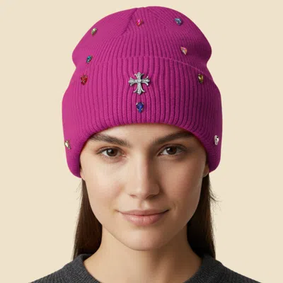 Fashnzfab Rhinestone Cross Accent Teardrop Stone Cluster Embellished Knit Beanie Hat In Pink