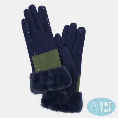 Fashnzfab Two Tone And Stitch Lines Faux Fur Cuff Smart Touch Gloves In Blue