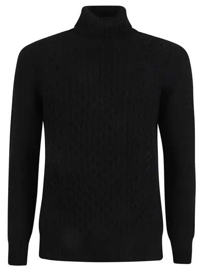 Drumohr Textured Knit Turtleneck Sweater With Classic Aran Pattern In Black