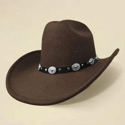 Fashnzfab Faux Leather Metal Concho Band Western Cowboy Hat In Brown