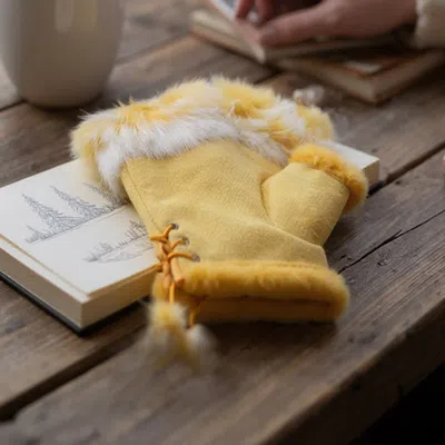 Fashnzfab Two Toned Real Fur Trim Fingerless Gloves In Yellow