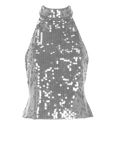 Rotate Birger Christensen Sleeveless Silver Top With All-over Paillettes In Gray