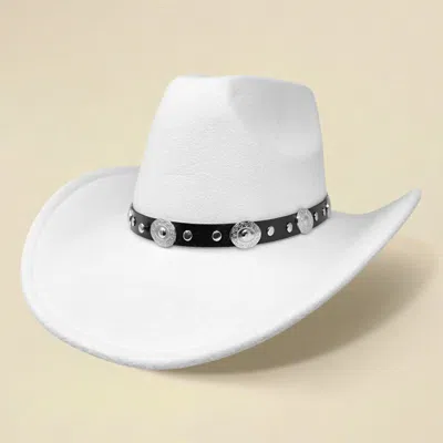 Fashnzfab Faux Leather Metal Concho Band Western Cowboy Hat In White