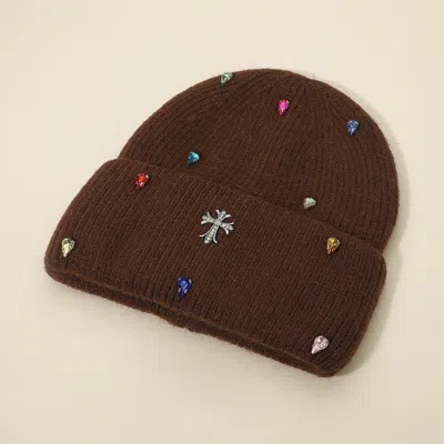 Fashnzfab Rhinestone Cross Accent Teardrop Stone Cluster Embellished Knit Beanie Hat In Brown