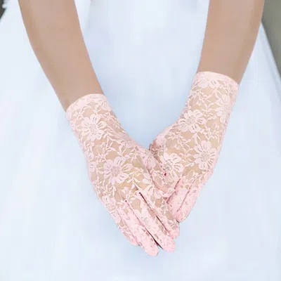 Fashnzfab Flower Leaf Patterned Lace Wedding Gloves In Pink