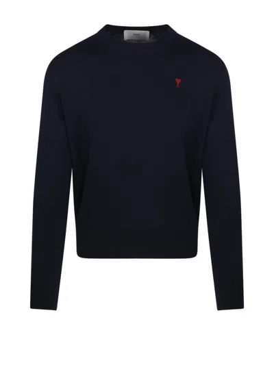 Ami Alexandre Mattiussi Merino Wool Round Neck Sweater With Heart Detail In Black