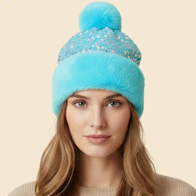 Fashnzfab Sequin Embellished Pom Pom Beanie Hat In Blue