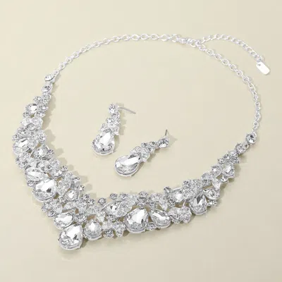 Fashnzfab Teardrop Stone Cluster Embellished Collar Evening Necklace - Clear, Silver In Silver
