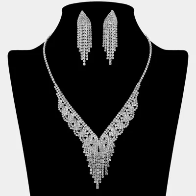 Fashnzfab Rhinestone Paved Fringe V Shaped Necklace In Metallic